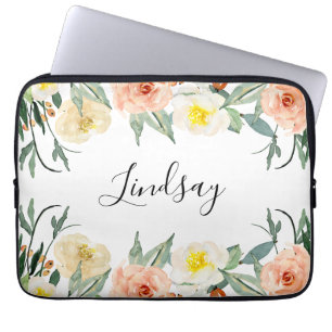 Moderne Perzik Waterverf Bloemen Monogrammed Laptop Sleeve