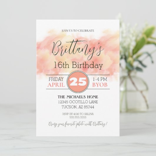 Moderne perzikkoraal 16e elke verjaardag uitnodigi kaart (Staand voorkant)