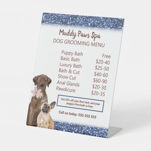 Moderne Pet Spa prijslijst met Blue Glitter Design Reclamebord Met Voetstuk (Voorkant)