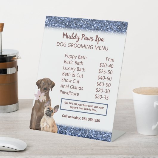 Moderne Pet Spa prijslijst met Blue Glitter Design Reclamebord Met Voetstuk (Insitu)