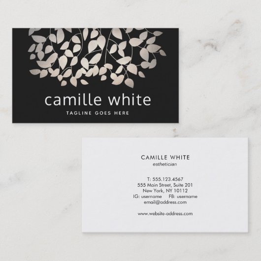 Moderne pewter Silver Leaves Black Visitekaartje (Voorkant / Achterkant)