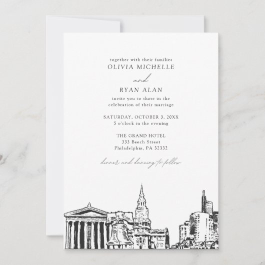 Moderne Philadelphia Skyline Zwart & Wit Bruiloft Kaart (Voorkant)