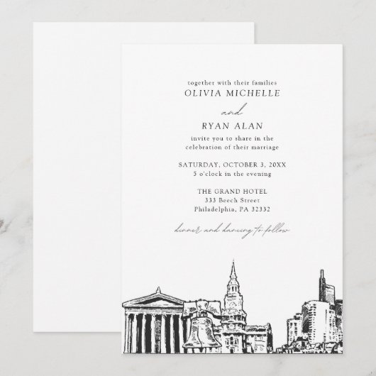 Moderne Philadelphia Skyline Zwart & Wit Bruiloft Kaart (Voorkant / Achterkant)