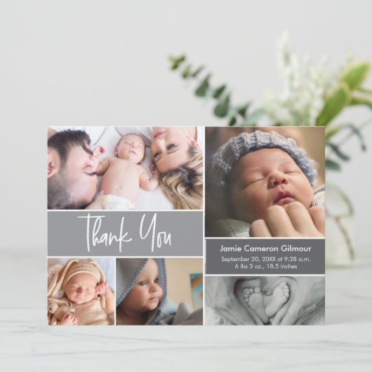 Moderne Photo Collage Baby shower Handlettering Bedankkaart (Staand voorkant)