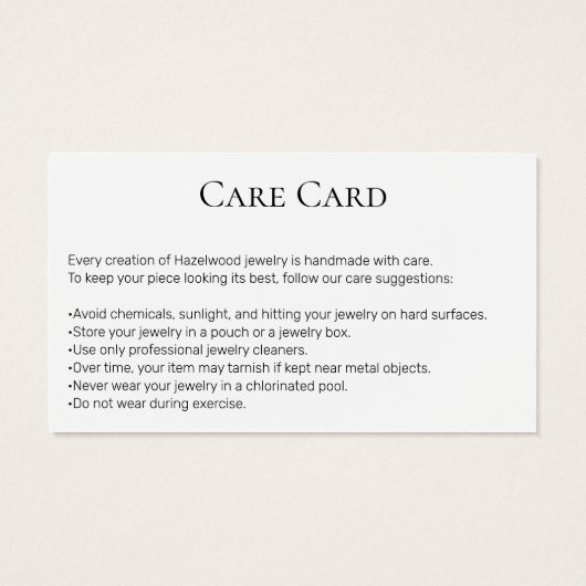 Moderne Photo White Handmade Jewelry Care Card Visitekaartje (Achterkant)
