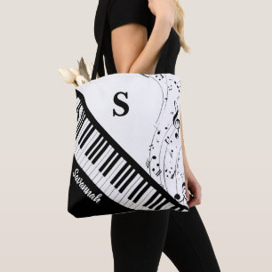 Moderne Piano Muzieknoten Monogram Naam Zwart Wit Tote Bag