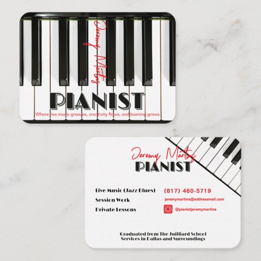 Moderne Piano Toetsenbord Rood Zwart Pianist Visitekaartje (Voorkant / Achterkant)
