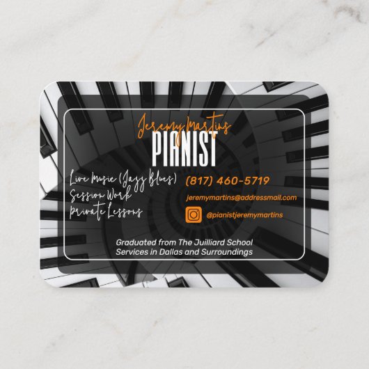 Moderne pianospiralen wit op zwart Sinaasappel pia Visitekaartje (Achterkant)