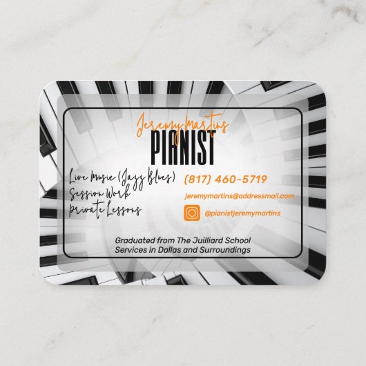 Moderne pianospiralen zwart-wit Sinaasappel pianis Visitekaartje (Achterkant)