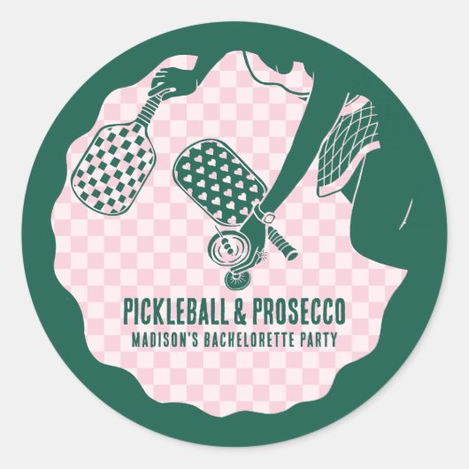Moderne Pickleball- en Prosecco vrijgezellenweeken Ronde Sticker (Voorkant)