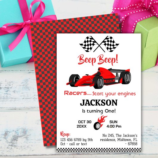 Moderne piep rode race sportwagen 1e verjaardag kaart
