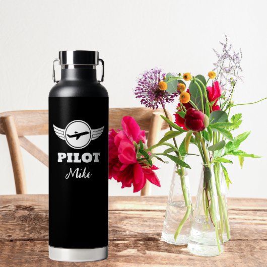 Moderne PILOT Typografie Vliegtuig, Zwart & Wit Waterfles