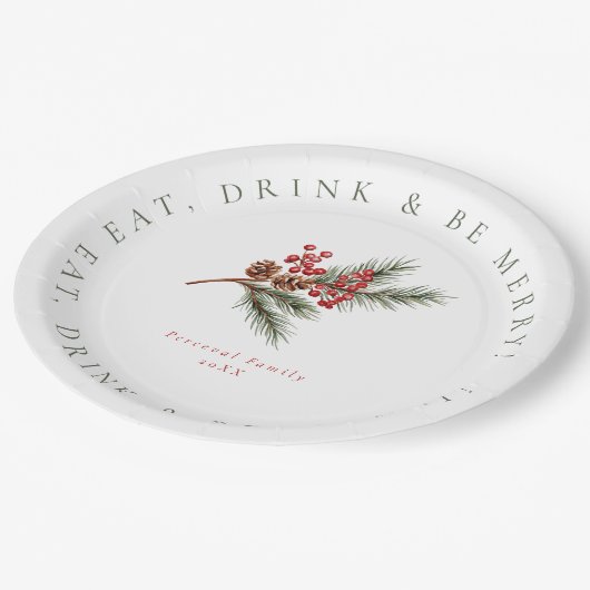 Moderne Pine Branch & Berries Familie Kerstmis Papieren Bordje (Gekanteld)