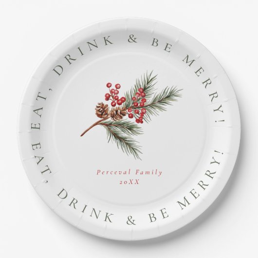 Moderne Pine Branch & Berries Familie Kerstmis Papieren Bordje (Voorkant)