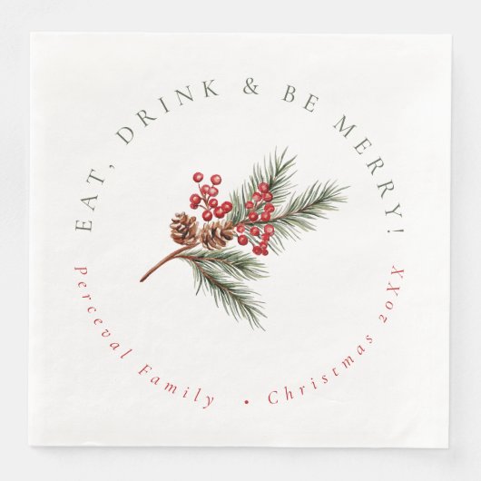 Moderne Pine Branch & Berries Familie Kerstmis Servet (Voorkant)