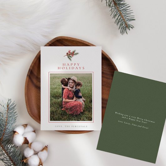 Moderne Pine Branch & Berries Foto Feestdagenkaart