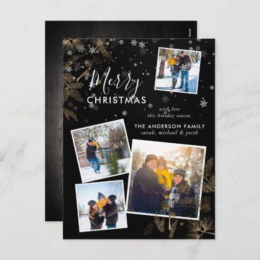 Moderne pine en sneeuw-kerstkaart 4 fotocollage feestdagenkaart (Voorkant / Achterkant)