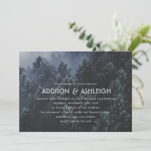 Moderne Pine Tree Forest Wedding Kaart (Staand voorkant)