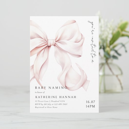 Moderne Pink Bow Baby Naming Kaart (Staand voorkant)
