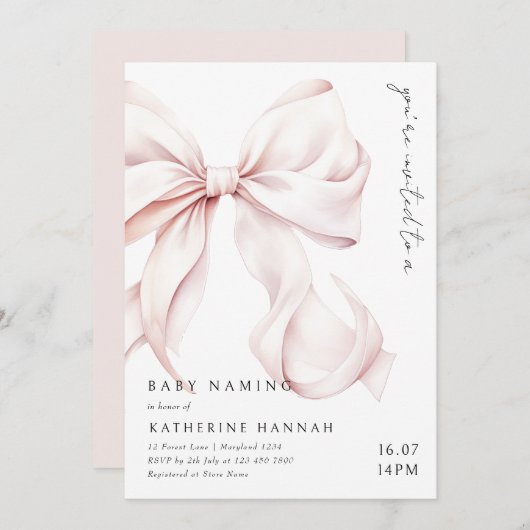 Moderne Pink Bow Baby Naming Kaart (Voorkant / Achterkant)