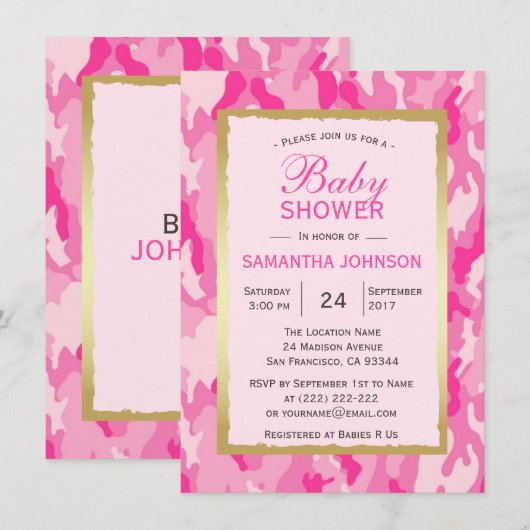 Moderne PINK CAMO Baby Shower Invitations - Meisje Kaart (Voorkant / Achterkant)