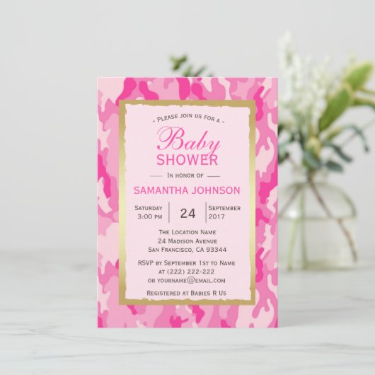 Moderne PINK CAMO Baby Shower Invitations - Meisje Kaart (Staand voorkant)