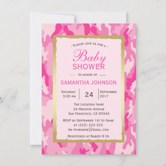 Moderne PINK CAMO Baby Shower Invitations - Meisje Kaart (Voorkant)
