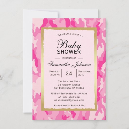 Moderne PINK CAMO Baby Shower Invitations - Meisje Kaart (Voorkant)
