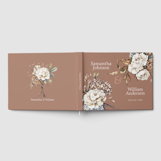Moderne pioen en hortensia mocha mousse bruiloft gastenboek (Volledig)