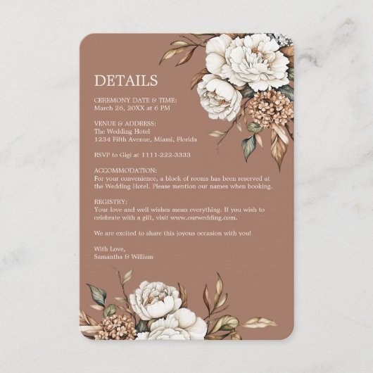 Moderne pioen en hortensia mocha mousse bruiloft informatiekaartje (Voorkant)