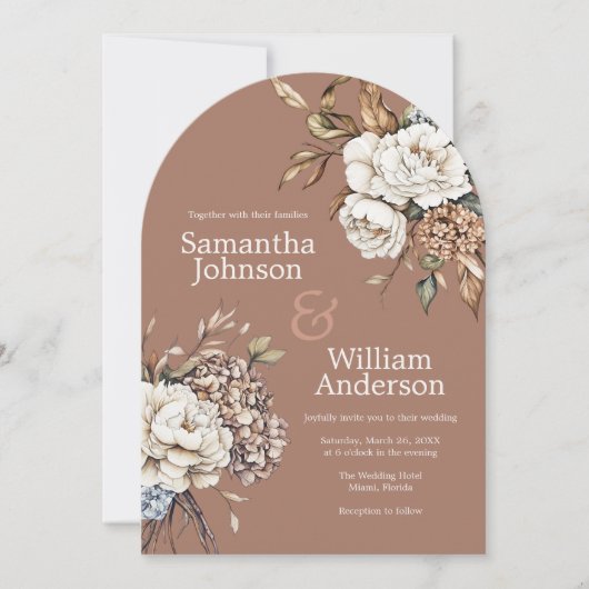 Moderne pioen en hortensia mocha mousse bruiloft kaart (Voorkant)