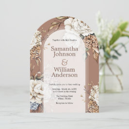 Moderne pioen en hortensia mocha mousse bruiloft kaart