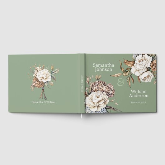Moderne pioen en hortensia olijfgroen bruiloft gastenboek (Volledig)