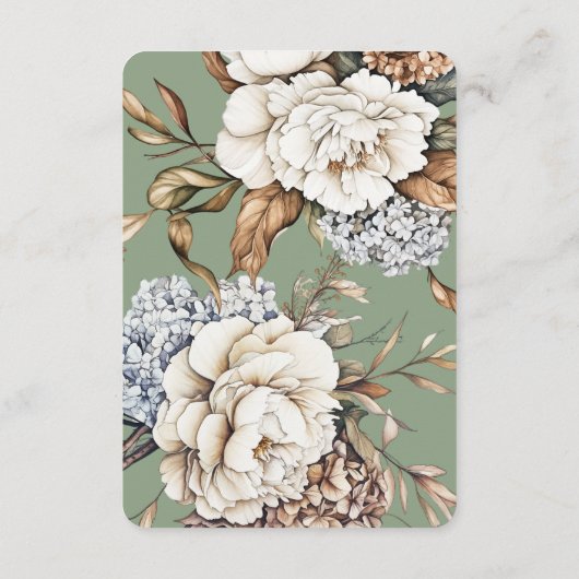 Moderne pioen en hortensia olijfgroen bruiloft informatiekaartje (Achterkant)