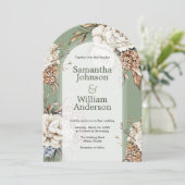 Moderne pioen en hortensia olijfgroen bruiloft kaart (Staand voorkant)