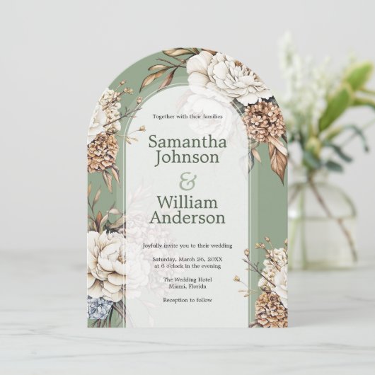 Moderne pioen en hortensia olijfgroen bruiloft kaart (Staand voorkant)