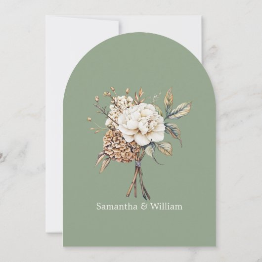 Moderne pioen en hortensia olijfgroen bruiloft kaart (Achterkant)