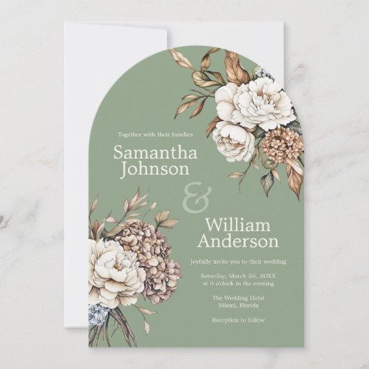 Moderne pioen en hortensia olijfgroen bruiloft kaart (Voorkant)