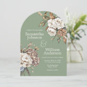 Moderne pioen en hortensia olijfgroen bruiloft kaart (Staand voorkant)