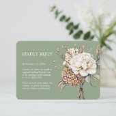 Moderne pioen en hortensia olijfgroen bruiloft RSVP kaartje (Staand voorkant)