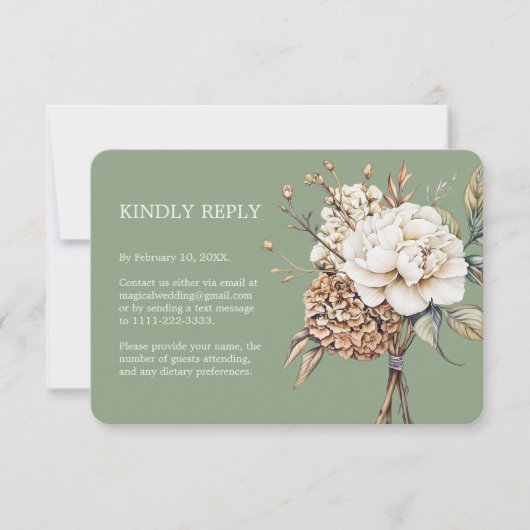 Moderne pioen en hortensia olijfgroen bruiloft RSVP kaartje (Voorkant)