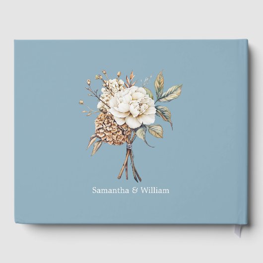 Moderne pioen en hortensia poeder blauwe bruiloft gastenboek (Achterkant)