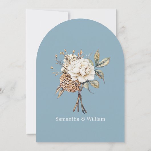 Moderne pioen en hortensia poeder blauwe bruiloft kaart (Achterkant)