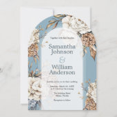 Moderne pioen en hortensia poeder blauwe bruiloft kaart (Voorkant)