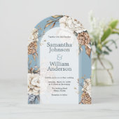 Moderne pioen en hortensia poeder blauwe bruiloft kaart (Staand voorkant)