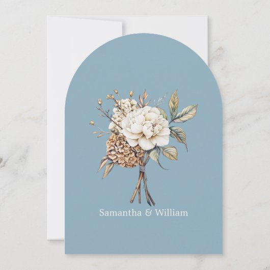 Moderne pioen en hortensia poeder blauwe bruiloft kaart (Achterkant)