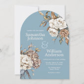 Moderne pioen en hortensia poeder blauwe bruiloft kaart (Voorkant)