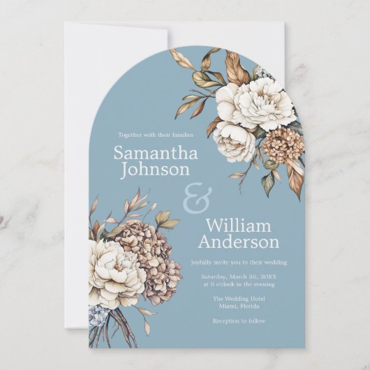 Moderne pioen en hortensia poeder blauwe bruiloft kaart (Voorkant)