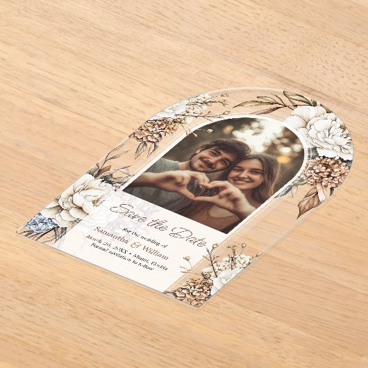 Moderne pioen & hortensia bruiloft Save the date Acryl Uitnodigingen (Laagn)