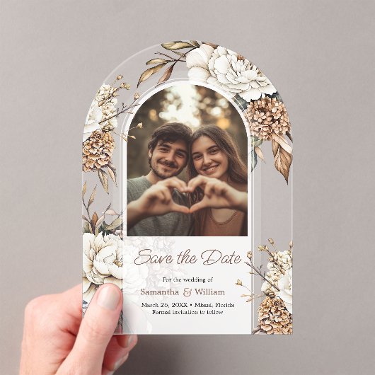 Moderne pioen & hortensia bruiloft Save the date Acryl Uitnodigingen (Insitu (Draagbaar))